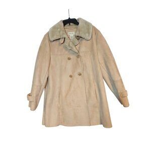 St. Johns Bay Womens Faux Suede Beige Coat With Faux Fur Collar Double-Breasted